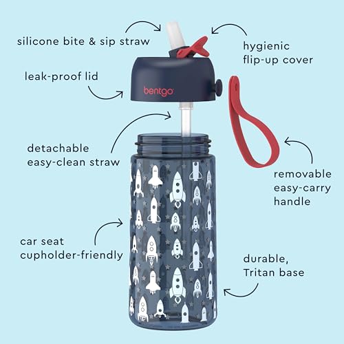 Bentgo Kids Water Bottle 2-Pack - Leak-Proof Durable Tritan BPA-Free 15 oz Cup for Kids/Toddlers Ages 3+; Bite & Sip Spout + Dishwasher Safe for School/Sports/Daycare/Camp (Rocket/Shark) - color: Rocket & Shark