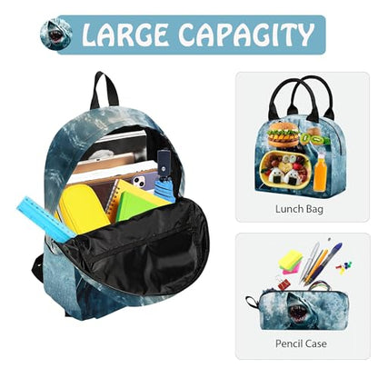 Shark 3PCS Backpack Set for Teens Elementary Middle High School, 17 Inch Lightweight Classic Bookpack 3 in 1 Set for Girls Boys, Kids Back to School Backpack with Lunch Box Pencil Case - color: Shark