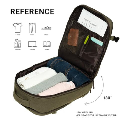 KAUKKO Canvas Travel Rucksack, Large Capacity Carry On Bag with Shoe Pouch and 15.6 inch Laptop Compartment, Flight Approved Outdoor 40L Luggage Weekender Bag, 12-ARMYGREEN - color: 12-armygreen