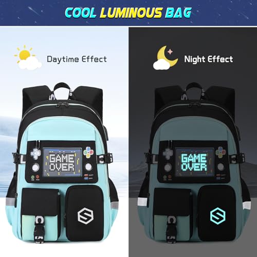 Scothen Boys Backpack, Cool Luminous School Backpacks for Boys with Lunch Bag Pencil Case, Kids Backpack Kindergarten Elementary Middle School Book Bags for Teen Boy Children with USB Charging Port - color: Green