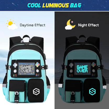 Scothen Boys Backpack, Cool Luminous School Backpacks for Boys with Lunch Bag Pencil Case, Kids Backpack Kindergarten Elementary Middle School Book Bags for Teen Boy Children with USB Charging Port - color: Green