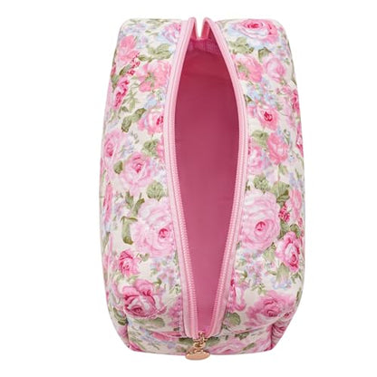 Cute Floral Makeup Bag Small Cotton Quilted Cosmetic Bag, Aesthetic Essential Bag Emergency Bag Gift for Women Girls Travel Accessories (Pink Rose) - color: Pink Rose