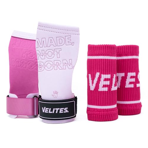Velites - Official Games Quad Pro Grips - with Chalk - Wristbands Included - Pull-ups, Muscle-ups, and Toes-to-bar - color: Pink, size: Medium