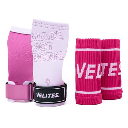 Velites - Official Games Quad Pro Grips - with Chalk - Wristbands Included - Pull-ups, Muscle-ups, and Toes-to-bar - color: Pink, size: X-Large