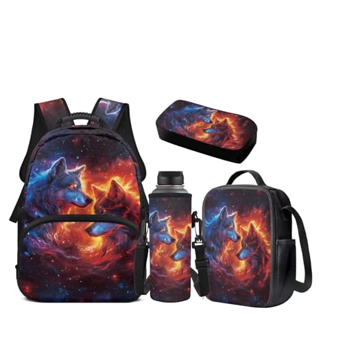 JEOCODY Cool Fire Wolf Kids Bookbag School Backpack with Lunch Box for Girls, Boys Backpack with Water Bottle Holder and Pencil Case Set of 4 School Supplies Organizer - color: Cool Fire Wolf Printedd