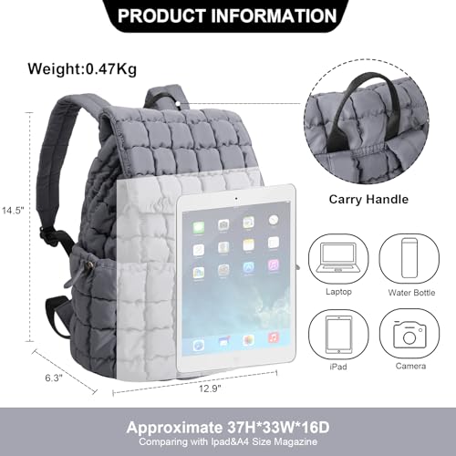 XSUIOY Quilted Backpack Purse for Women Small Lightweight Puffer Puffy College Laptop Backpack Nylon Casual Bookbag Daypack Top Flap Drawstring Padding Hiker Travel Gym Backpack(Grey) - color: Grey