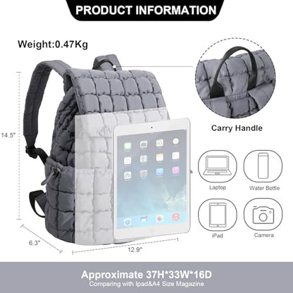 XSUIOY Quilted Backpack Purse for Women Small Lightweight Puffer Puffy College Laptop Backpack Nylon Casual Bookbag Daypack Top Flap Drawstring Padding Hiker Travel Gym Backpack(Grey) - color: Grey