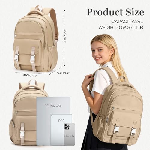 School Backpack For Women Men College Backpack With Lots Of Pockets Cute BookBag Casual Daypack Backpacks For Teens Girls Boys Waterproof(Khaki) - color: D4-khaki