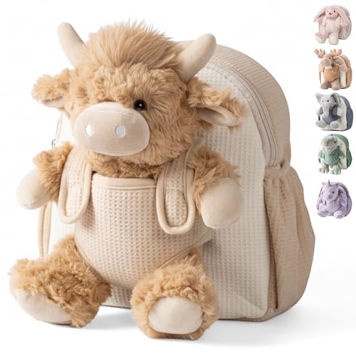 Moonkie Hug & Go Highland Cow Toddler Backpack – Soft Plush Bag with Take-Along Toy for Boys & Girls Aged 2–4 | Ideal for Daycare, Travel & Birthday Gifts for 3-Year-Old Kids - color: Highland Cow