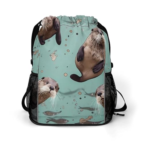 Drawstring Gym Backpack with Shoe Compartment And Wet Pocket, 28L Lightweight Waterproof Otters Sports Backpack for Workout Swim Beach Travel String Bag for Men Women