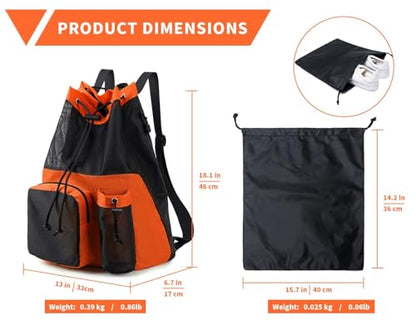 Lohol Large Mesh Drawstring Backpack with Shoe Bag, Durable Swimming String Sack with Handle for Sports Gym Yoga Beach Travel - color: Orange