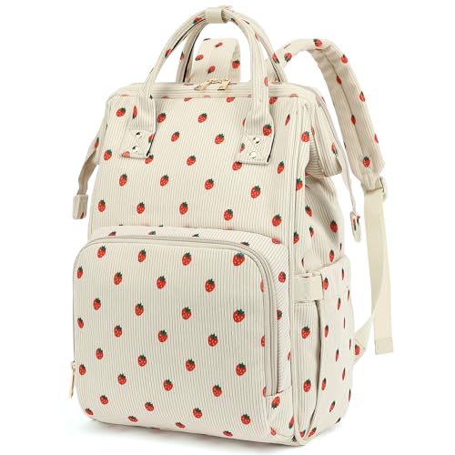 College Laptop Backpack, Travel Backpack for Women, Corduroy Casual Daypack, School Backpack Bookbag for Girls (Beige Corduroy Strawberry) - color: Beige Corduroy Strawberry