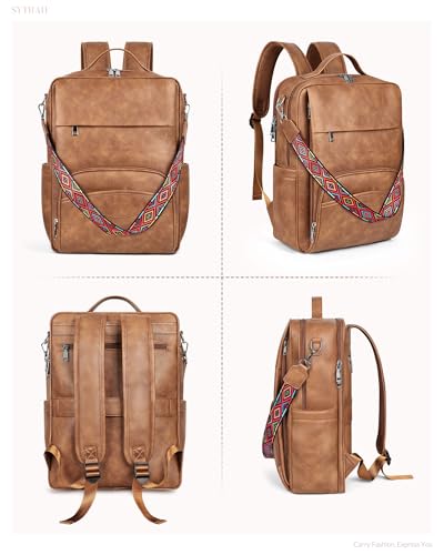 SYTRAH Leather Laptop Backpack for Women, 15.6 inch Computer Daypack Brown | Faux Leather Laptop Backpack: Dedicated 15.6" Laptop Compartment, 9-Pocket Organizer, Breathable Mesh Strap, Work & Travel - color: Brown