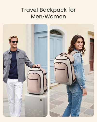 LOVEVOOK 50L Travel Backpack for Women & Men,Airline Approved Carry On Backpack with 3 Packing Cubes,TSA Waterproof Personal Item Bag, Weekender Overnight Essentials Backpacks fits 20" Laptop - color: Brown/Light Pink, size: 50L-4PCS