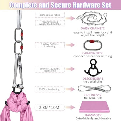 Aerial Silks Kit & Aerial Yoga Hammock - 11Yd Premium Fabric with Hardware - Easy Setup for Flying Yoga, Aerial Swing & Fitness - Supports Up to 14ft Rigging - color: Light Pink
