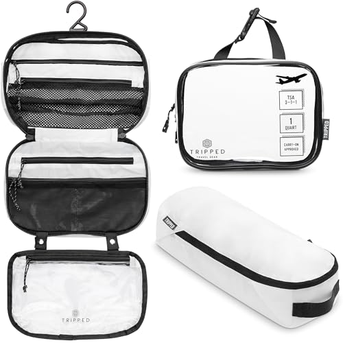Toiletry Bag Kit 3 Piece Set: Hanging Travel Toiletry Bag + 311 TSA Cosmetic Liquid Bag + Accessory Organizer Pouch - color: White Ripstop