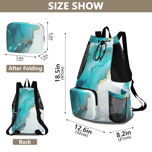 Drawstring Beach Bags Pool Bag With Water Bottle Pocket Cinch Back Sack Wet and Dry Separation Turquoise White Marble - color: Color 21