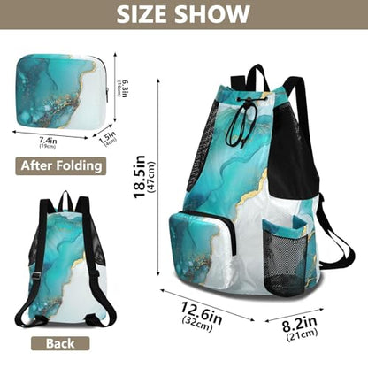 Drawstring Beach Bags Pool Bag With Water Bottle Pocket Cinch Back Sack Wet and Dry Separation Turquoise White Marble - color: Color 21