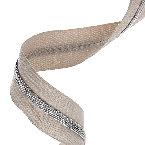 #5 Silver Metallic Nylon Coil Zipper by The Yard, Bulk 10 Yards Beige Zipper Tape Silver Teeth with 25PCS Silver Zippers Pulls for Sewing, Bags, Purses YIGUANXIN - color: Beige-Silver