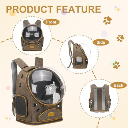 Pet Backpack Carrier, Portable and Ventilated, Oxford Cloth, Dog Cat Travel Bag with Transparent Cover 12.6", (Brown, 1 Pcs), Intended for Hiking/Camping/Traveling - color: Brown