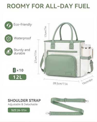 HOMESPON Insulated Lunch Bag Women Wide Opening Adult Lunch Box Large Leakproof Cooler Bag for Work Picnic Beach Family College Lunch Teacher Tote Bag with Adjustable Shoulder Strap Cup Holder(Green) - color: Green