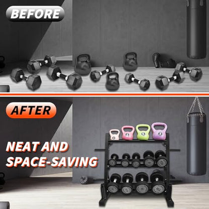 PENSUN Dumbbell Rack – 3 Tier Adjustable Weight Storage Stand with Side Barbell Plate Holder – Multi Purpose Home Gym Organizer for Dumbbells, Kettlebells, Barbell - color: Widened - 1500 LBS (Upgraded)
