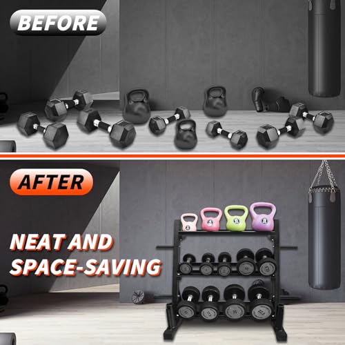 PENSUN Dumbbell Rack – 3 Tier Adjustable Weight Storage Stand with Side Barbell Plate Holder – Multi Purpose Home Gym Organizer for Dumbbells, Kettlebells, Barbell - color: Standard - 1200 LBS
