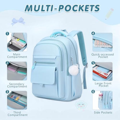 GeeWin Backpacks for Girls, Girls Backpack with Lunch Box & Pencil Case Set, 17 Inch Waterproof Girl Bookbag with Lots of Pockets for Kids, Teens, Elementary Middle High College School Student (Blue) - color: Blue