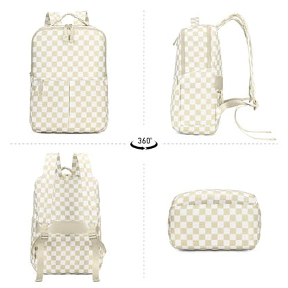 Checkered Backpack for Women Fashion Backpacks with Laptop and Multi Compartment for Travel and Work Beige Check - color: Beige Check
