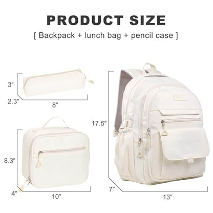 Phaoullzon Teen Girls School Backpack with Lunch Box for Boys, College Aesthetic Laptop Bookbag for Women,Beige - color: Beige