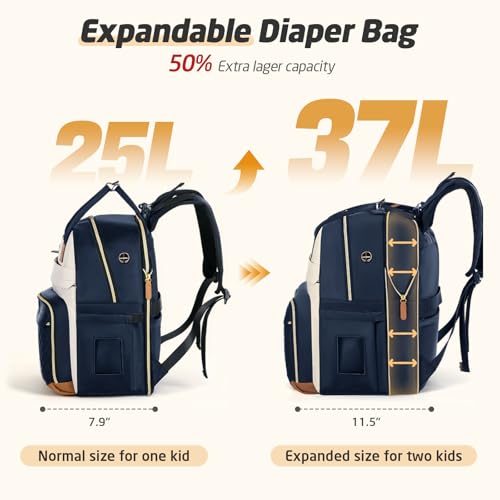 Diaper Bag Backpack - Extra Large Diaper Bag for 2 Kids Twin, Travel Baby Bags for Mom Dad 25-37L Expandable with Changing Pad Earphone Hole, Apricot Blue - color: Blue & Apricot