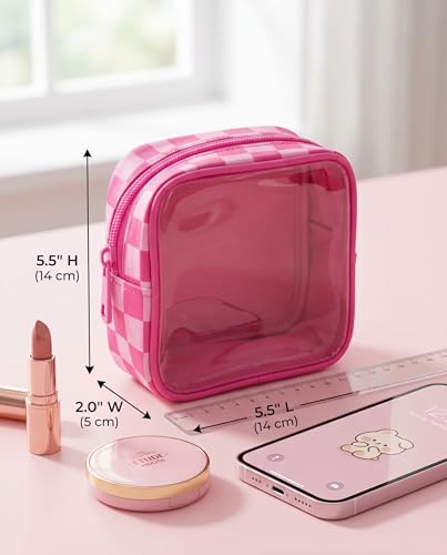 Clear Checkered Makeup Bag, Small Cosmetic Pouch with Zipper Mini Waterproof Makeup Purse Organizer Cute Cosmetic Bag Travel TSA Approved Toiletry Bag Car Organizer for Women Girls (Rose) - color: Rose