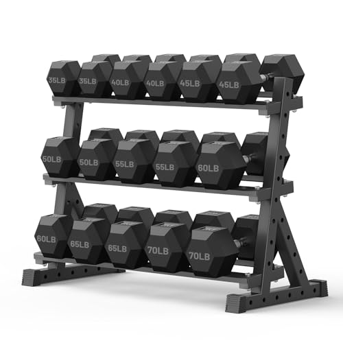 PAPABABE Hex Dumbbell Set with Rack, Rubber Encased Free Weight with Weight Storage Racks, Multiple Weight Options for Home Gym and Fitness - style: 840LB with 3-Tier Weight Rack