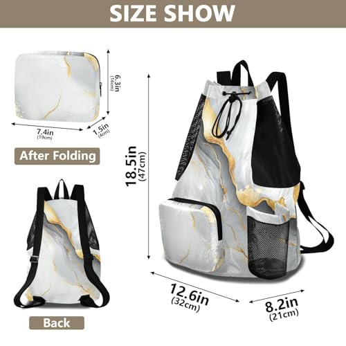 Draw String Back Bag Gym Swim Bag With Inside Pockets Pull String Bag Dry Wet Separation Marble White Grey - color: Color 10