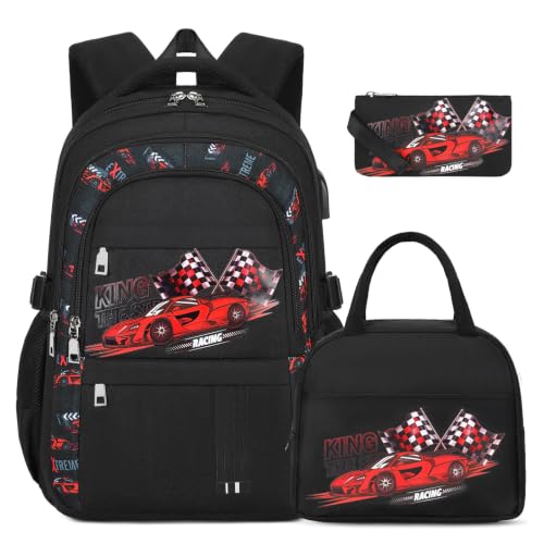 ACESAK Boys Backpack - 3PCS Cool Luminous Backpack for Boys School Backpacks for Kids Kindergarten Elementary Preschool Middle School Bags with Lunch Box Pencil Case Set (Racing Car) - color: Red Car