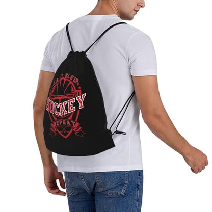 Eat Sleep Hockey Repeat Unisex Drawstring Backpack Bag Sport Gym Travel Swim Sackpack - color: Eat Sleep Hockey Repeat
