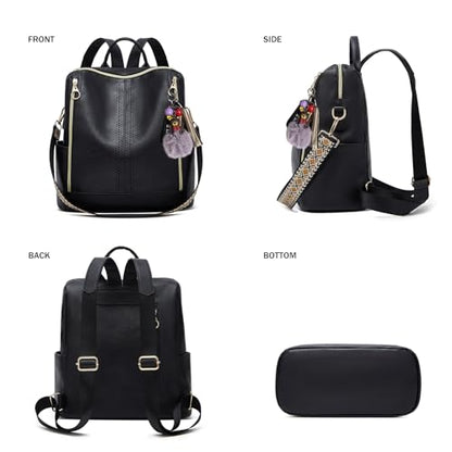 Makes Backpack Purse for Women PU Leather Travel Satchel Handbag Convertible Design Bag with Purse - color: Black Quadruple Zipper