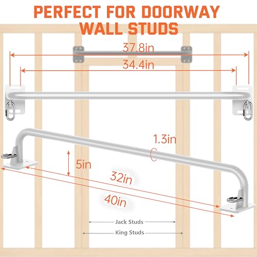 36" Heavy Duty Pull Up Bar Wall/Joist Mounted, 600 LB Capacity, Multi-Grip Bar for Garage & basement rafter Use - All-in-One Workout Station with Carabiners & Space-Saving Design - color: White
