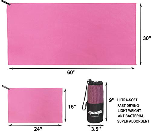EPAuto 2-Pack Microfiber Quick Dry Towel Set - Lightweight, Super Absorbent & Compact Travel Towels (60"x30" & 24"x15") for Gym, Camping, Beach, Yoga & Backpacking, Pink - color: Pink