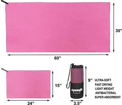 EPAuto 2-Pack Microfiber Quick Dry Towel Set - Lightweight, Super Absorbent & Compact Travel Towels (60"x30" & 24"x15") for Gym, Camping, Beach, Yoga & Backpacking, Pink - color: Pink