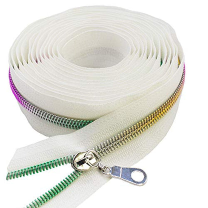 MebuZip #5 Colorful Metallic Nylon Coil Zippers by The Yard Bulk Coil Zipper Roll 10 Yards with 25pcs Pulls for DIY Sewing Craft Bags (White) - color: Colorful White