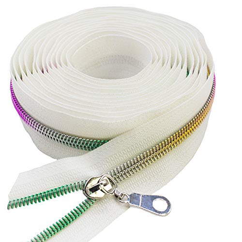 MebuZip #5 Colorful Metallic Nylon Coil Zippers by The Yard Bulk Coil Zipper Roll 10 Yards with 25pcs Pulls for DIY Sewing Craft Bags (White) - color: Colorful White