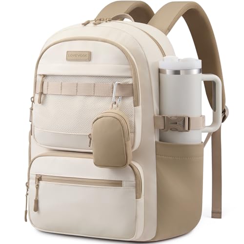 LOVEVOOK Laptop Backpack with Locking Cup Holder & Anti-Slip Strap, 17" Waterproof Travel Daypack Trolley Sleeve, Work College Commute Bag with Keychain Zip Pouch - color: Beige - Khaki, size: 17 Inch