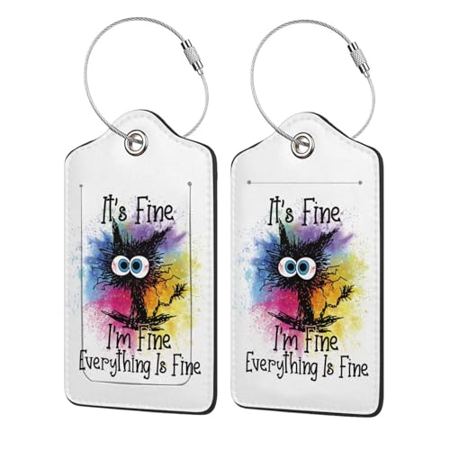 2 Pack Luggage Tag for Suitcase, Cute Unique Leather Bag Tags Identifiers Privacy Cover ID Label with Durable Steel Loop for Women Men Kids Girls Travel, Cat - color: Colorful Cute Cat