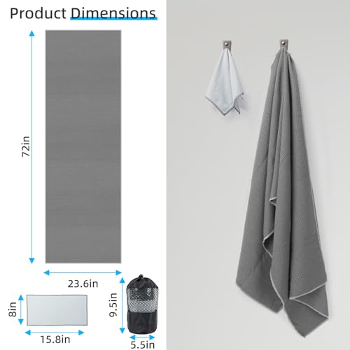 YESLIFE Non-Slip Extra Thick Hot Yoga Towel with One Sweat Towel, Microfiber Sweat Absorbent Yoga Mat Towel with Grip Dot, Pilates Mat, 72" x 24", Grey - color: Grey