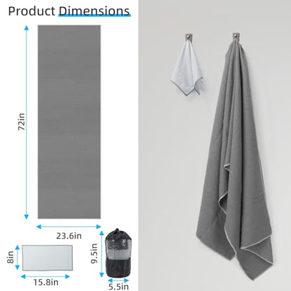 YESLIFE Non-Slip Extra Thick Hot Yoga Towel with One Sweat Towel, Microfiber Sweat Absorbent Yoga Mat Towel with Grip Dot, Pilates Mat, 72" x 24", Grey - color: Grey