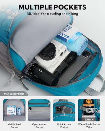 WATERFLY Small Lightweight Packable Backpack: 15L Mini Ultra Light Foldable Travel Daypack with Breathable Shoulder Strap Outdoor Hiking Camping Day Pack for Women Men Blue - color: Blue