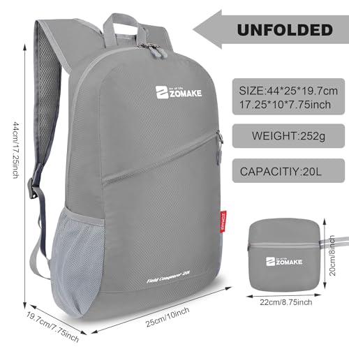 ZOMAKE Lightweight Packable Backpack 20L,Foldable Backpacks Small Daypack for Hiking Water Resistant Day Bag for Travel(Silver Grey) - color: Silver Grey