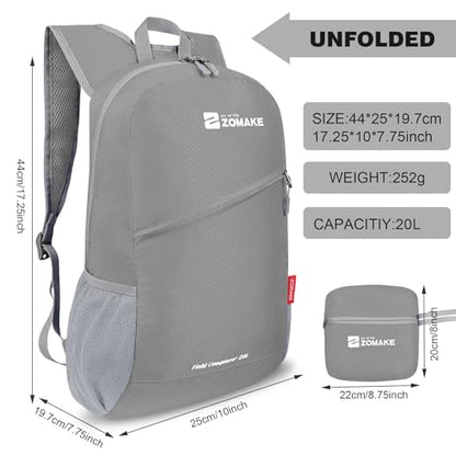ZOMAKE Lightweight Packable Backpack 20L,Foldable Backpacks Small Daypack for Hiking Water Resistant Day Bag for Travel(Silver Grey) - color: Silver Grey