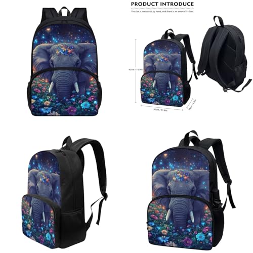 Aesthetic Elephant Backpack for Girls Kids Backpack with Lunch Box Water Bottle Carrier and Pencil Holder Pouch 4Pcs Set 17" Bookbag with Large Front Pocket Lightweight Elementary School Bag - color: Aesthetic Elephant
